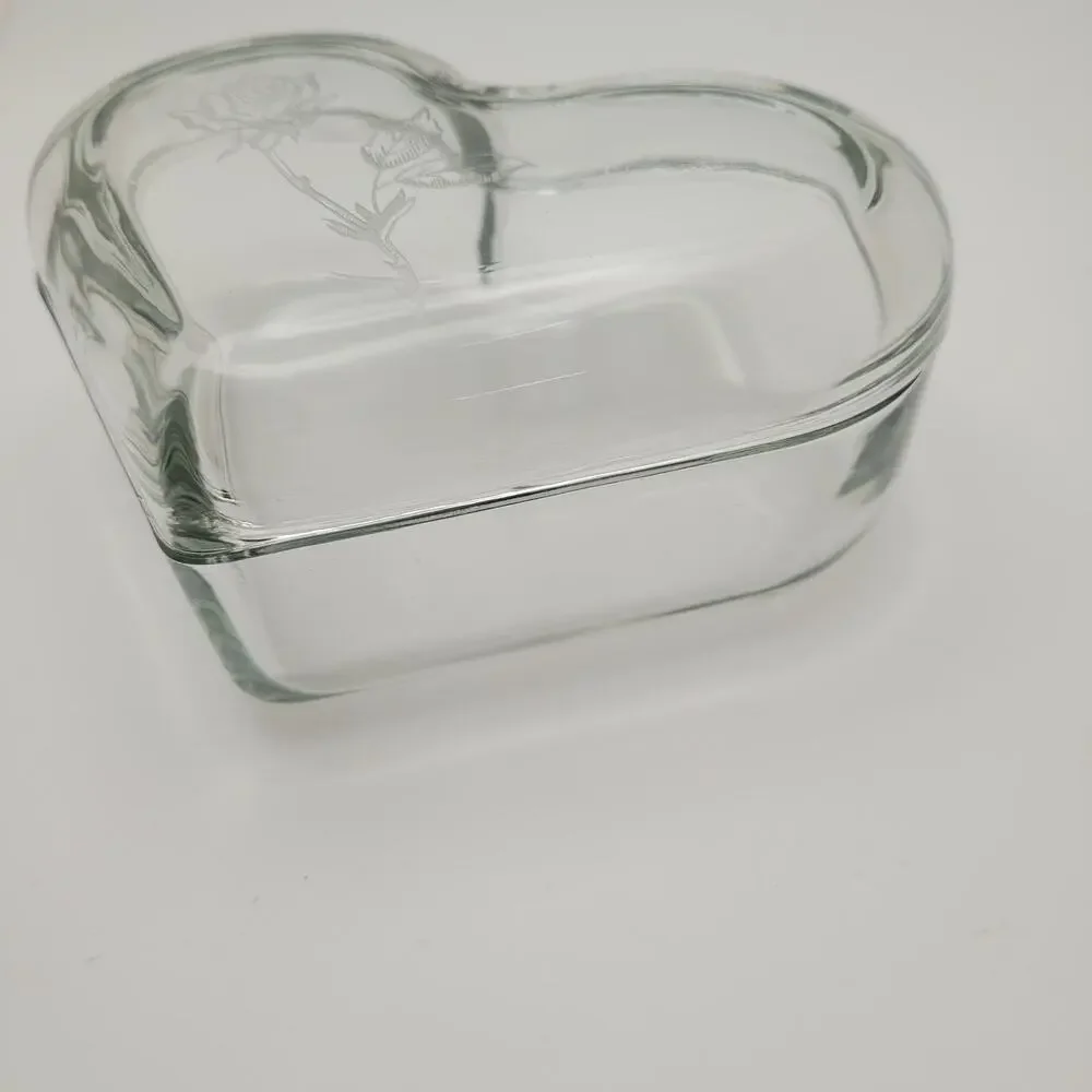 Heart Shaped Clear Glass Trinket Dish with Etched Rose Design, 4 Inches Wide